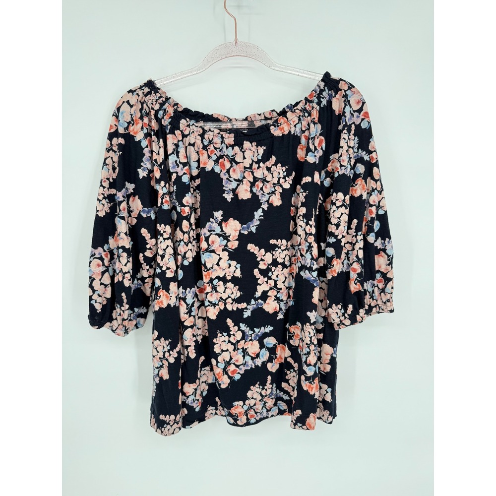 J Jill Black Floral Off Shoulder 3/4 Sleeve Blouse Women's‎ Sz XL